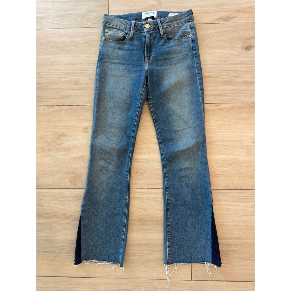 Frame Denim Le Crop Mini Boot Jeans Blue Two Tone Side Gusset Raw Hem Size 24